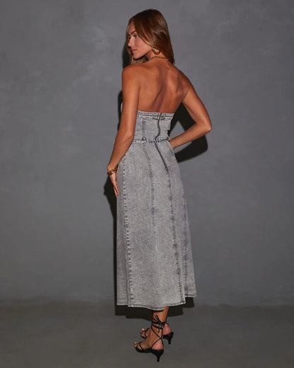 Peggy Button Front Strapless Denim Midi Dress