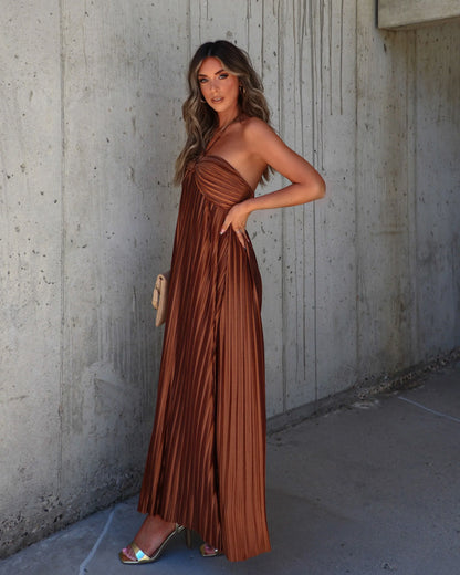 Raise A Toast Satin Plisse Halter Maxi Dress