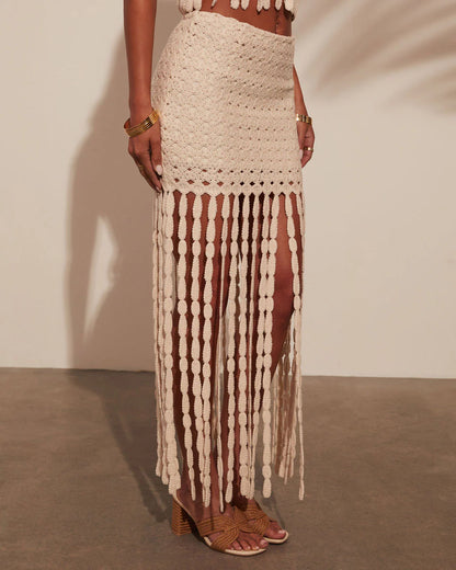 Sweet Escape Knitted Fringe Mini Skirt