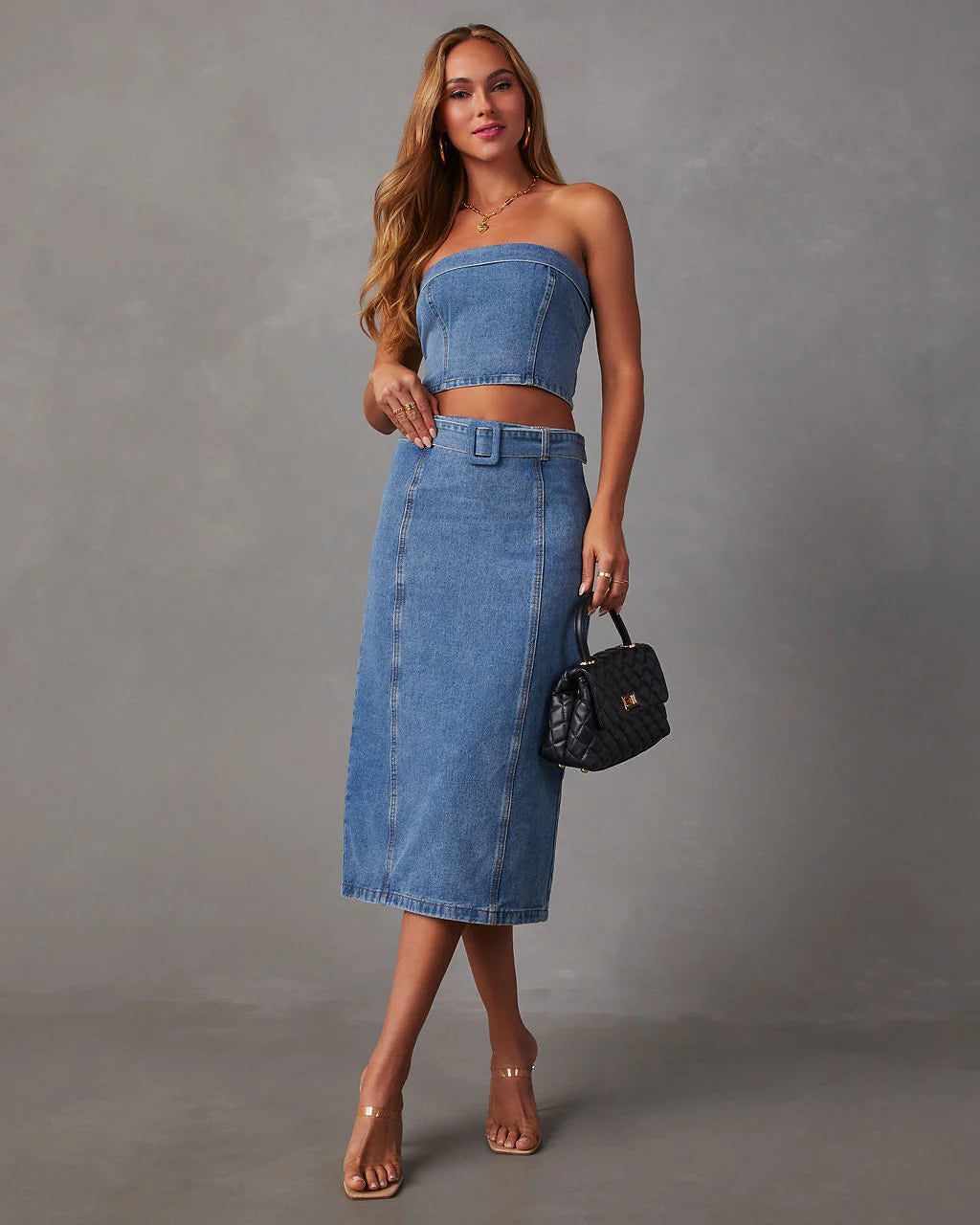 Marie Belted Denim Midi Skirt