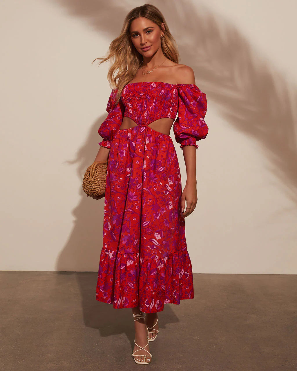 Iris Smocked Puff Sleeve Cutout Midi Dress