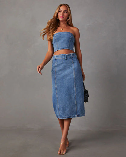 Marie Belted Denim Midi Skirt