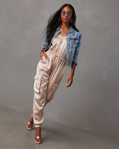 Fall & Femme Satin Drawstring Cargo Jumpsuit