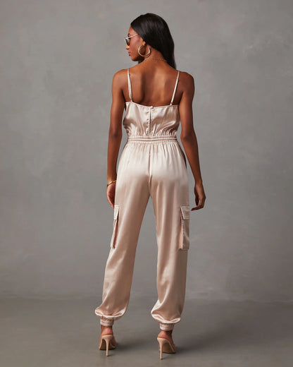 Fall & Femme Satin Drawstring Cargo Jumpsuit