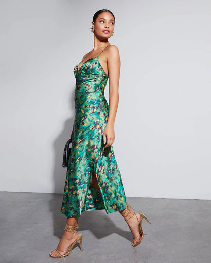 Aiko Printed Satin Slip Midi Dress