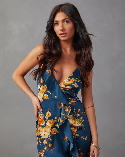 Capriccio Satin Floral Ruffle Maxi Dress