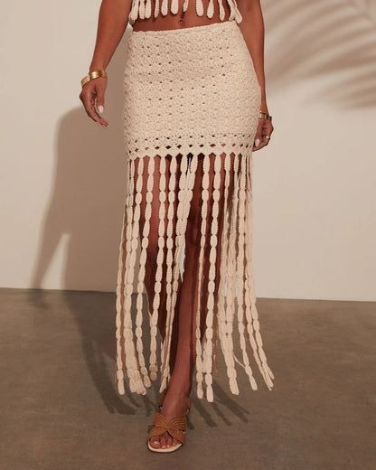 Sweet Escape Knitted Fringe Mini Skirt