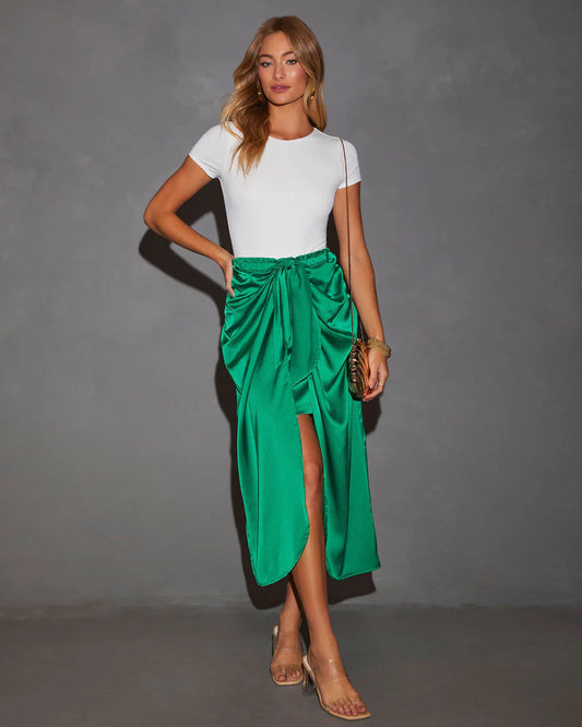 Tea Time Satin Bow-Tie Midi Skirt