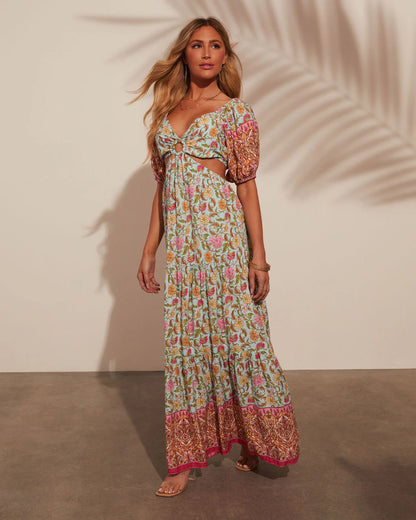 Mojave Puff Sleeve Printed Cutout Maxi Dress