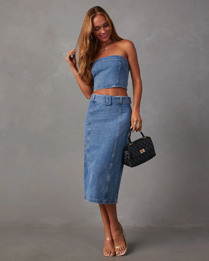 Marie Belted Denim Midi Skirt