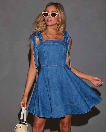 Melinda Denim Tie Shoulder Mini Dress