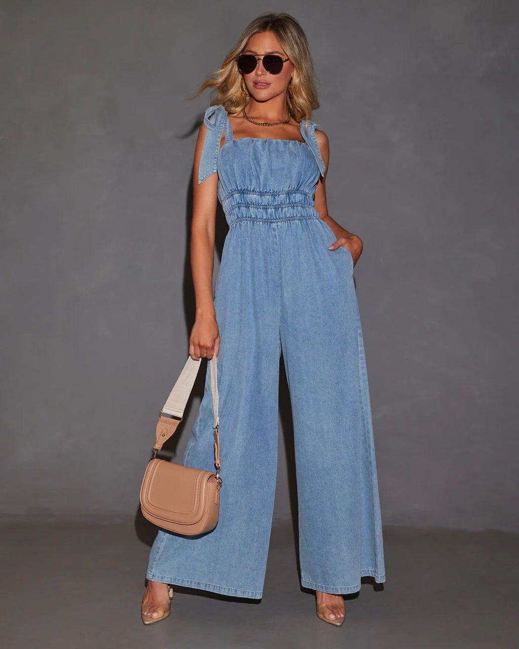 Kaleen Fitted Waist Denim Jumpsuit