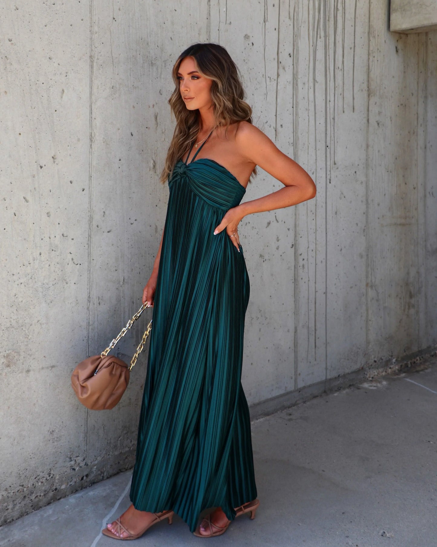 Raise A Toast Satin Plisse Halter Maxi Dress