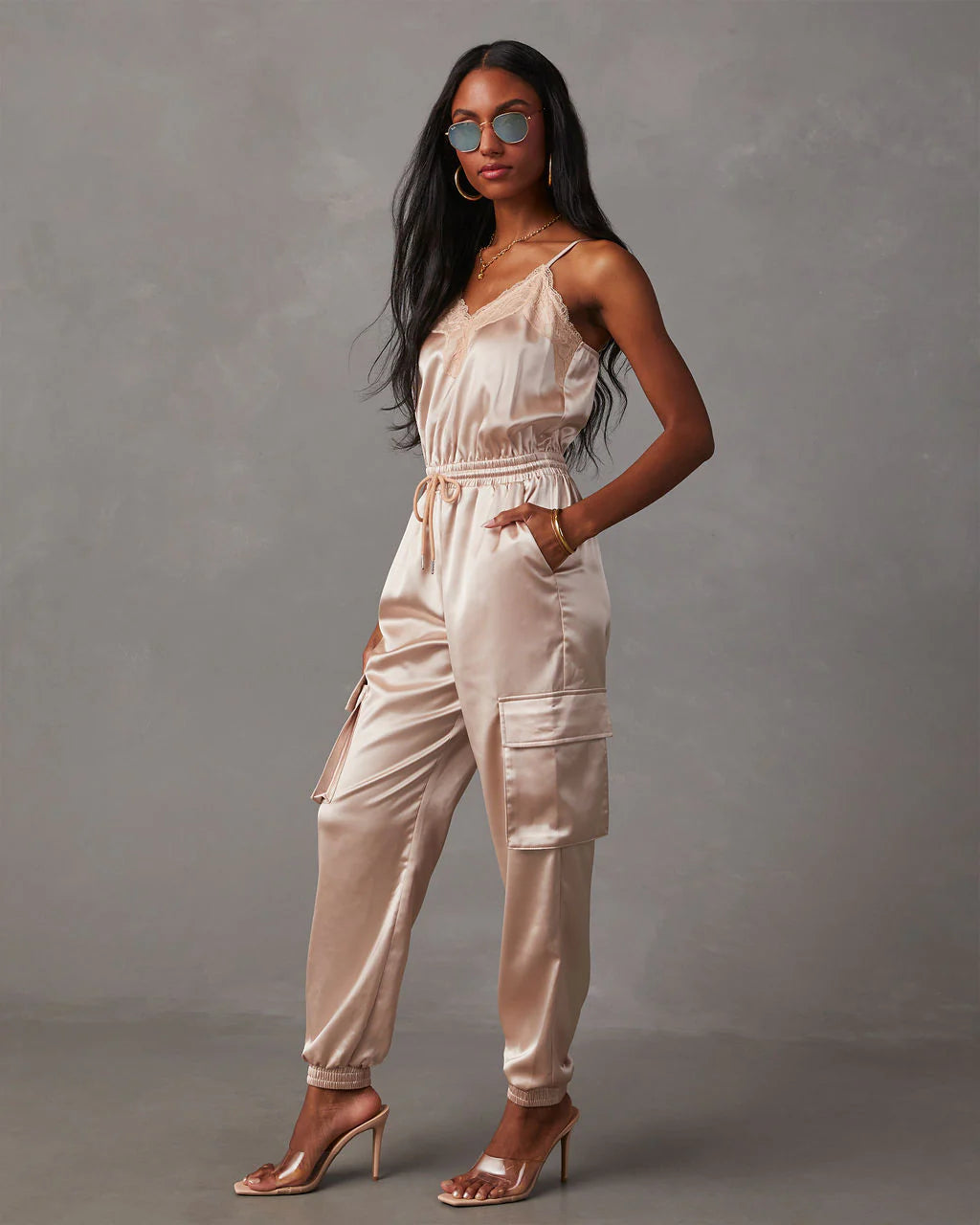 Fall & Femme Satin Drawstring Cargo Jumpsuit