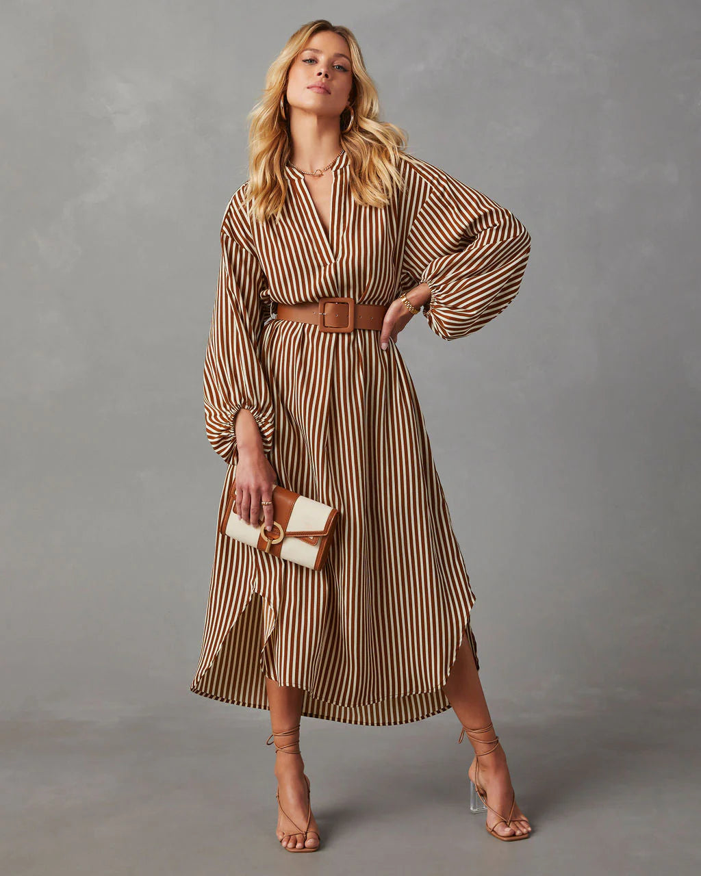 Dimarco Striped Pocketed Belted Midi Dress