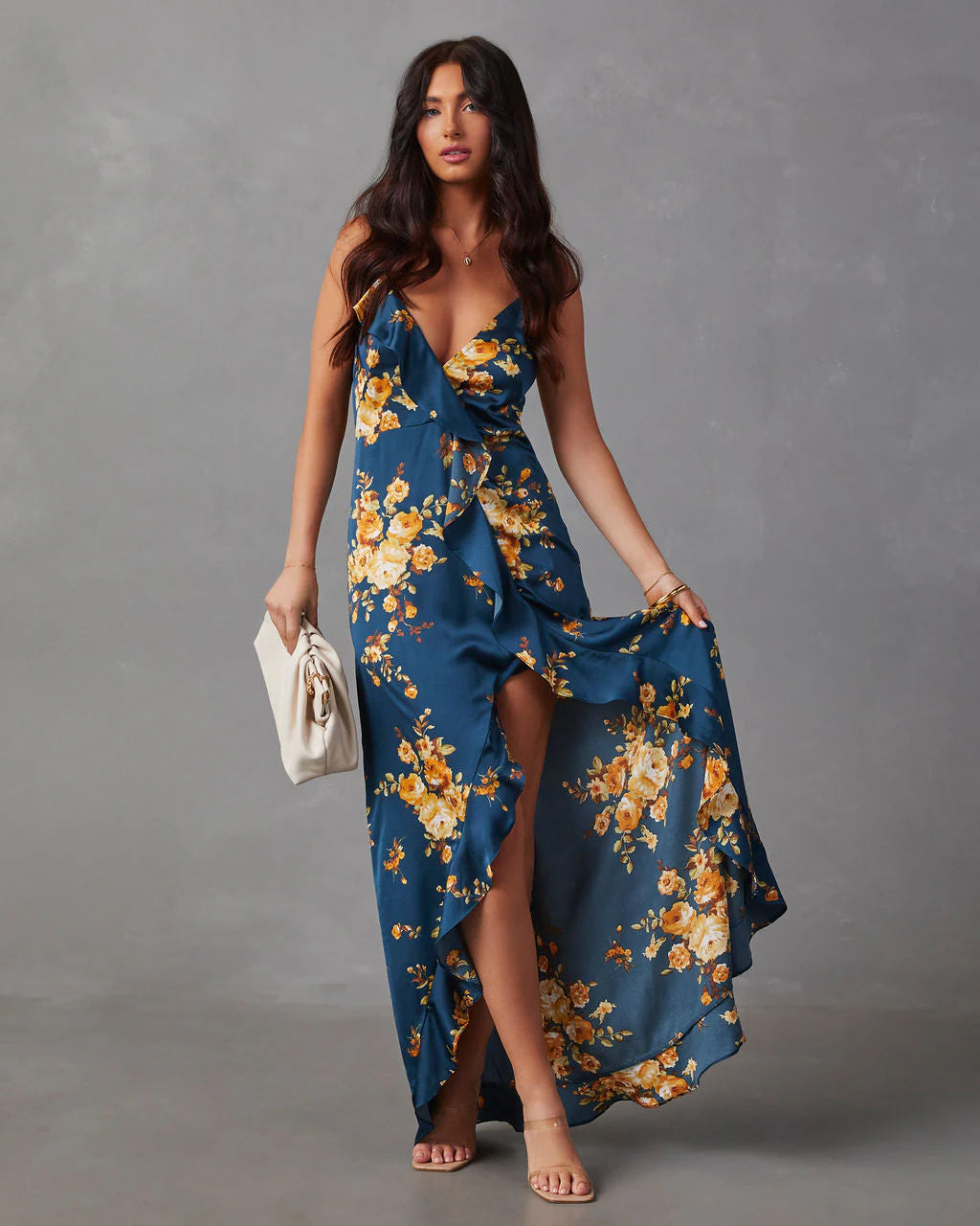 Capriccio Satin Floral Ruffle Maxi Dress