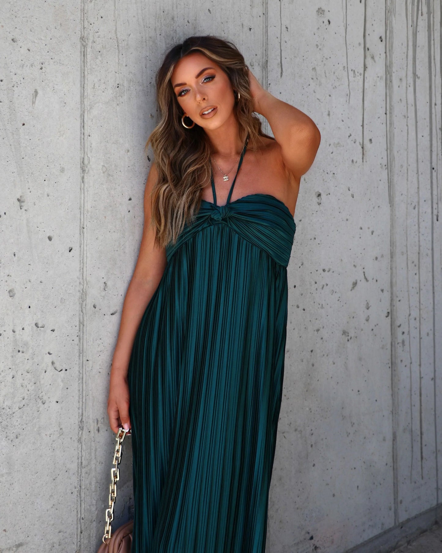 Raise A Toast Satin Plisse Halter Maxi Dress