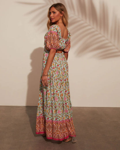 Mojave Puff Sleeve Printed Cutout Maxi Dress