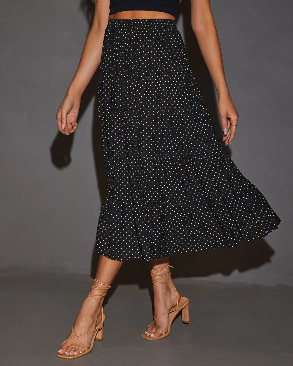 Quinley Tiered Polka Dot Midi Skirt