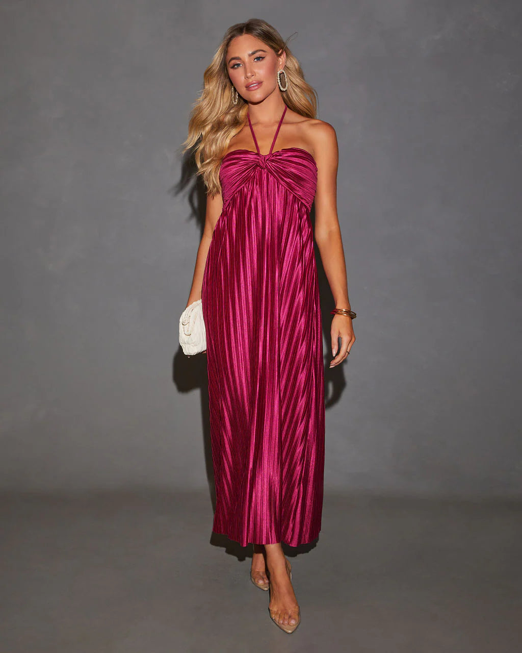 Raise A Toast Satin Plisse Halter Maxi Dress