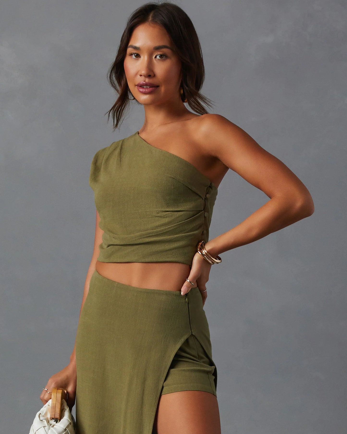 Mariam Linen Blend One Shoulder Crop Top