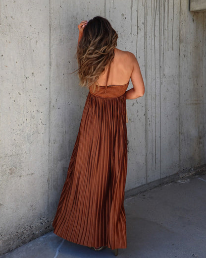 Raise A Toast Satin Plisse Halter Maxi Dress