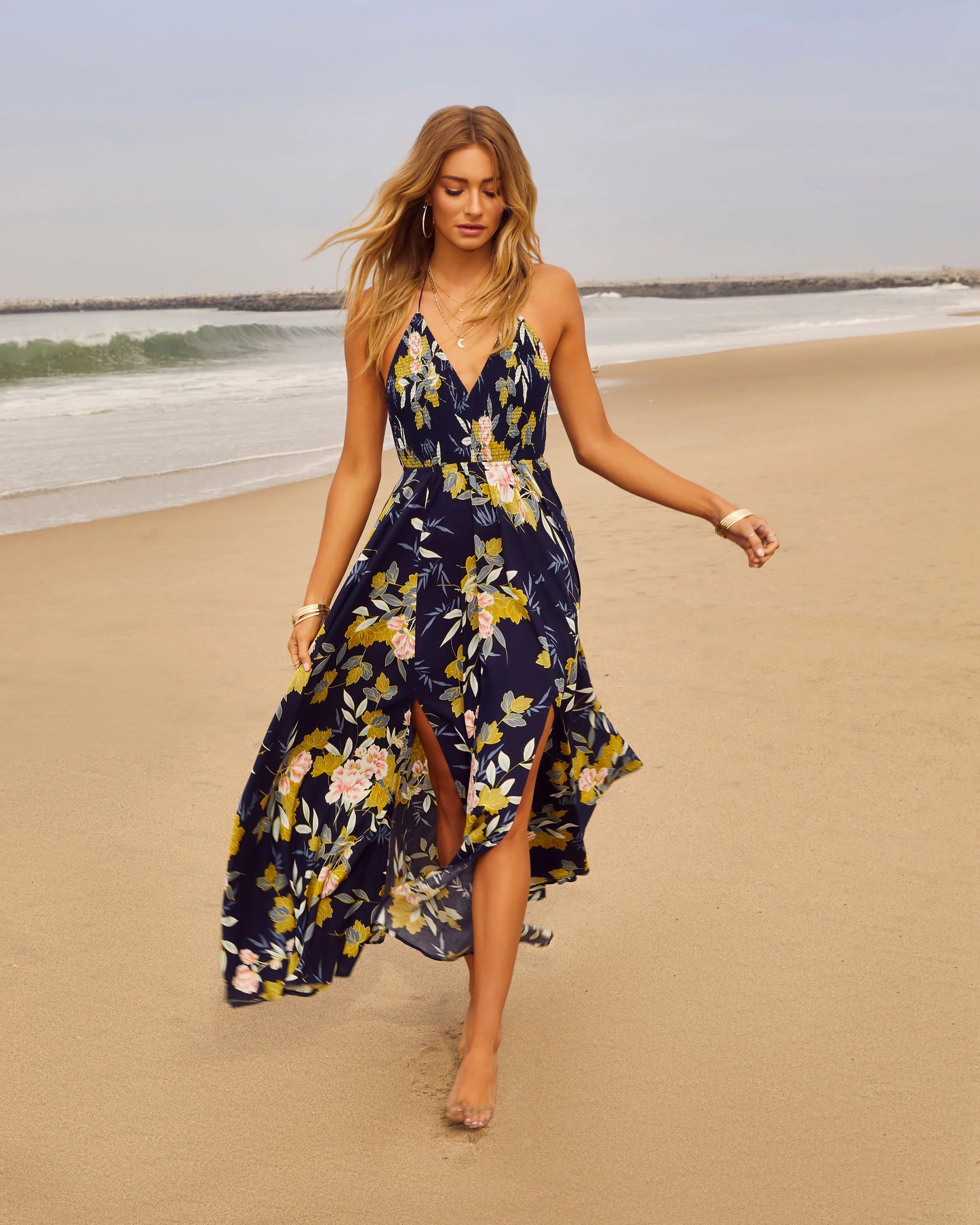 Beautiful Flowers Smocked Halter Maxi Dress