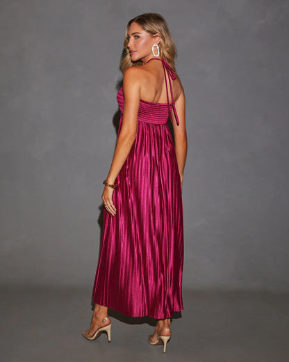 Raise A Toast Satin Plisse Halter Maxi Dress