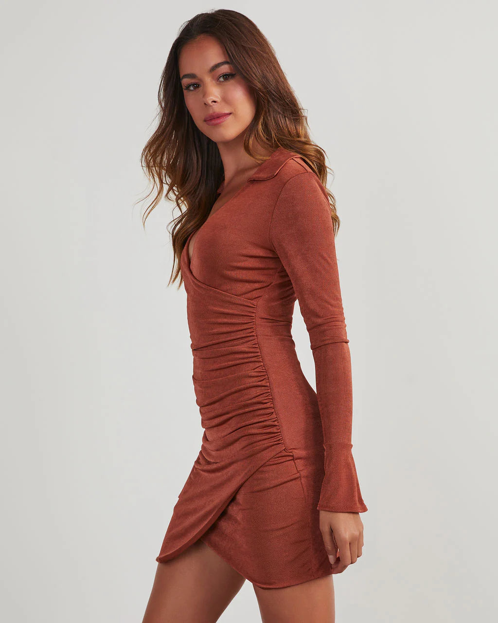 Iris Long Sleeve Mini Dress - Spice Brown