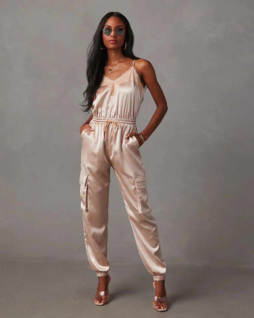 Fall & Femme Satin Drawstring Cargo Jumpsuit