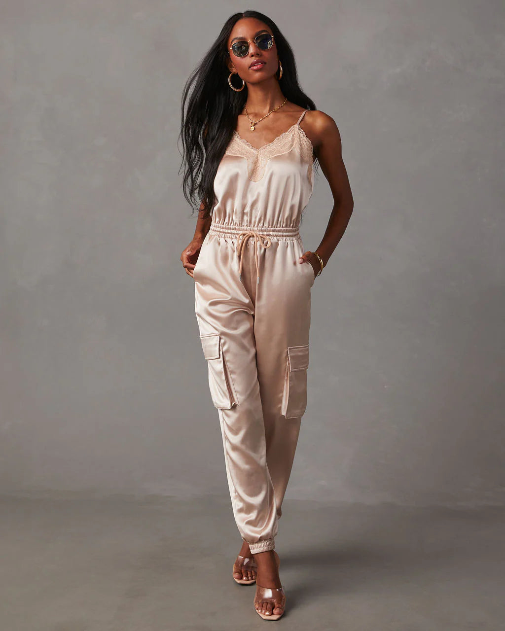 Fall & Femme Satin Drawstring Cargo Jumpsuit